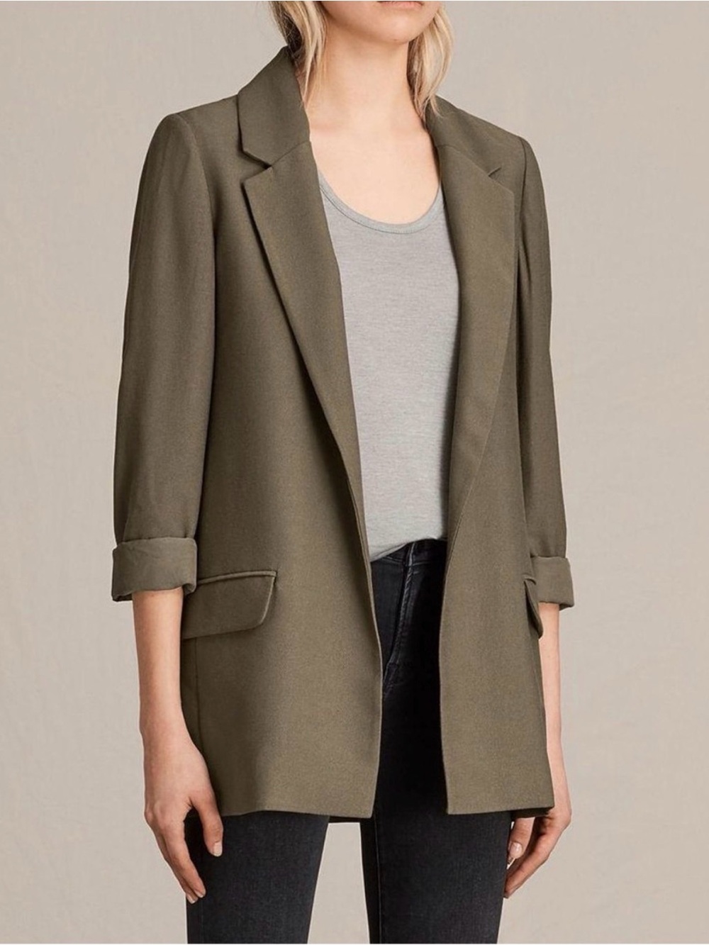 All Saints Aleida Olive Green Open Front Longline Blazer Size 6